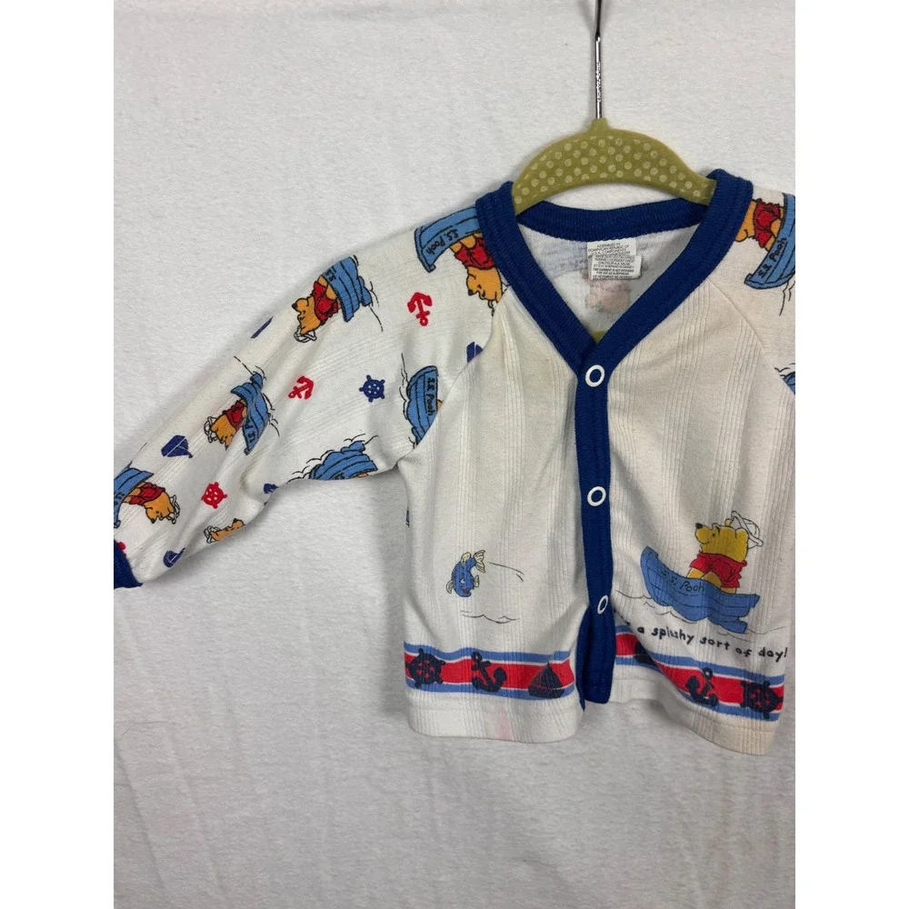 Vtg Disney Winnie the Pooh Baby Nautical Cardigan Top Pants Set Sz NB White Blue - Picture 2 of 8